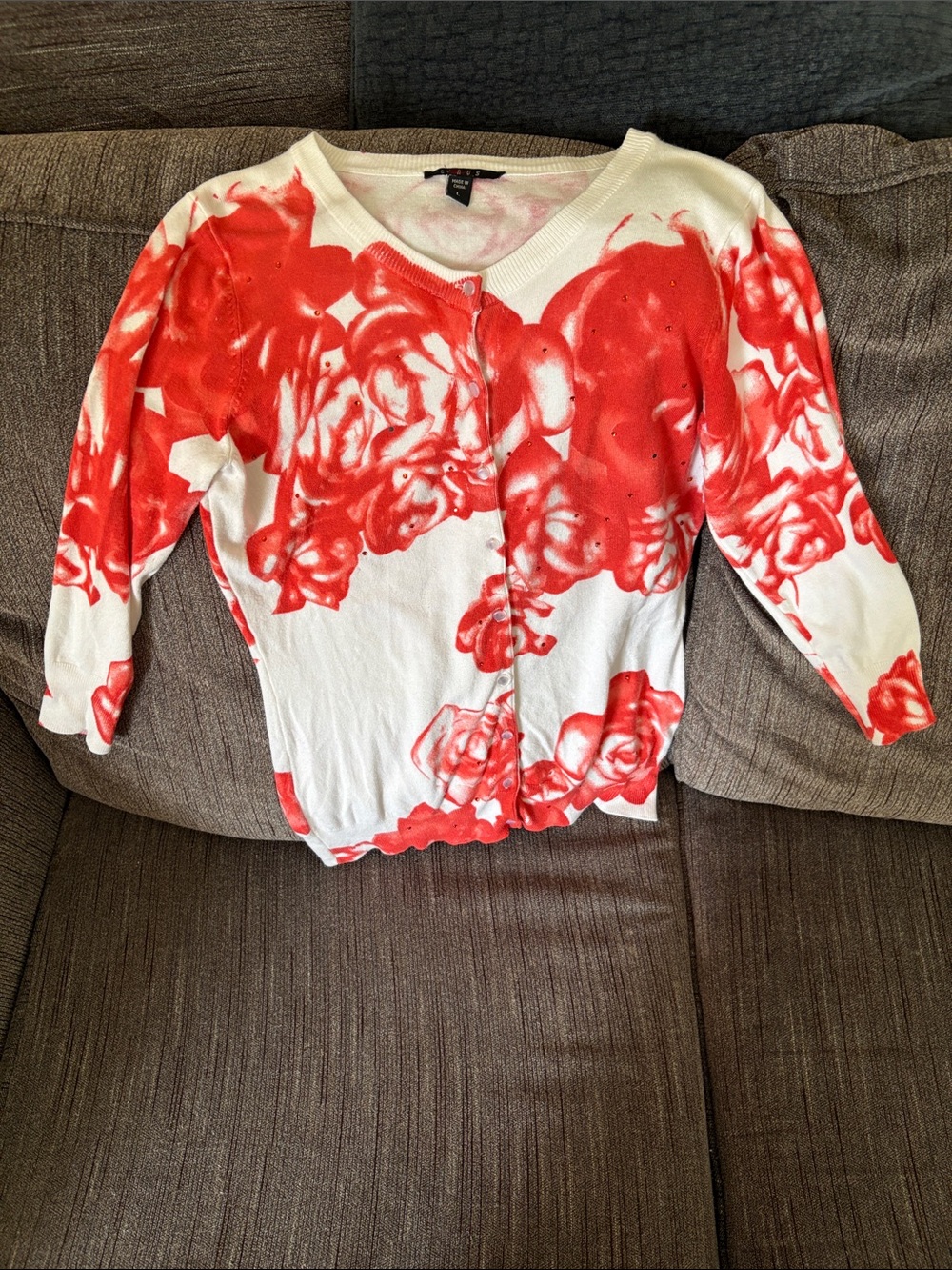 Orange and White Floral Rhinestone Cardigan